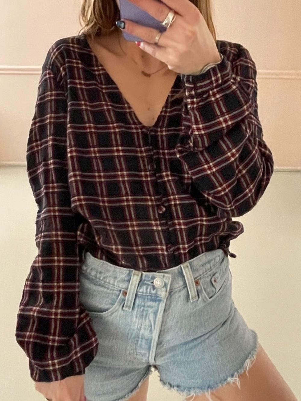 Veronica Beard Black and Red Plaid V-Neck Button Down Shirt